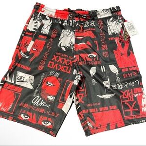 Men's Red & Black Graphic Shorts- Anime Print